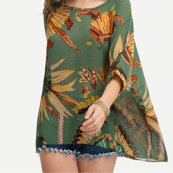 Poncho Kimono One Size Casual Short Sleeve Blouse Loose Round Collar - Picture 2 of 11